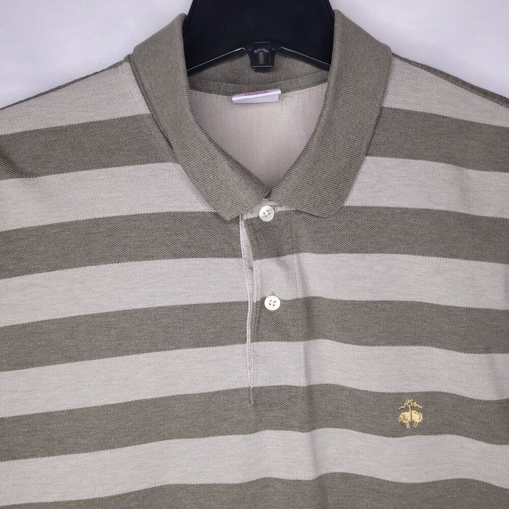 Brooks Brothers Polo Shirt Mens XL Striped Green Gold Pony Performance Rugby